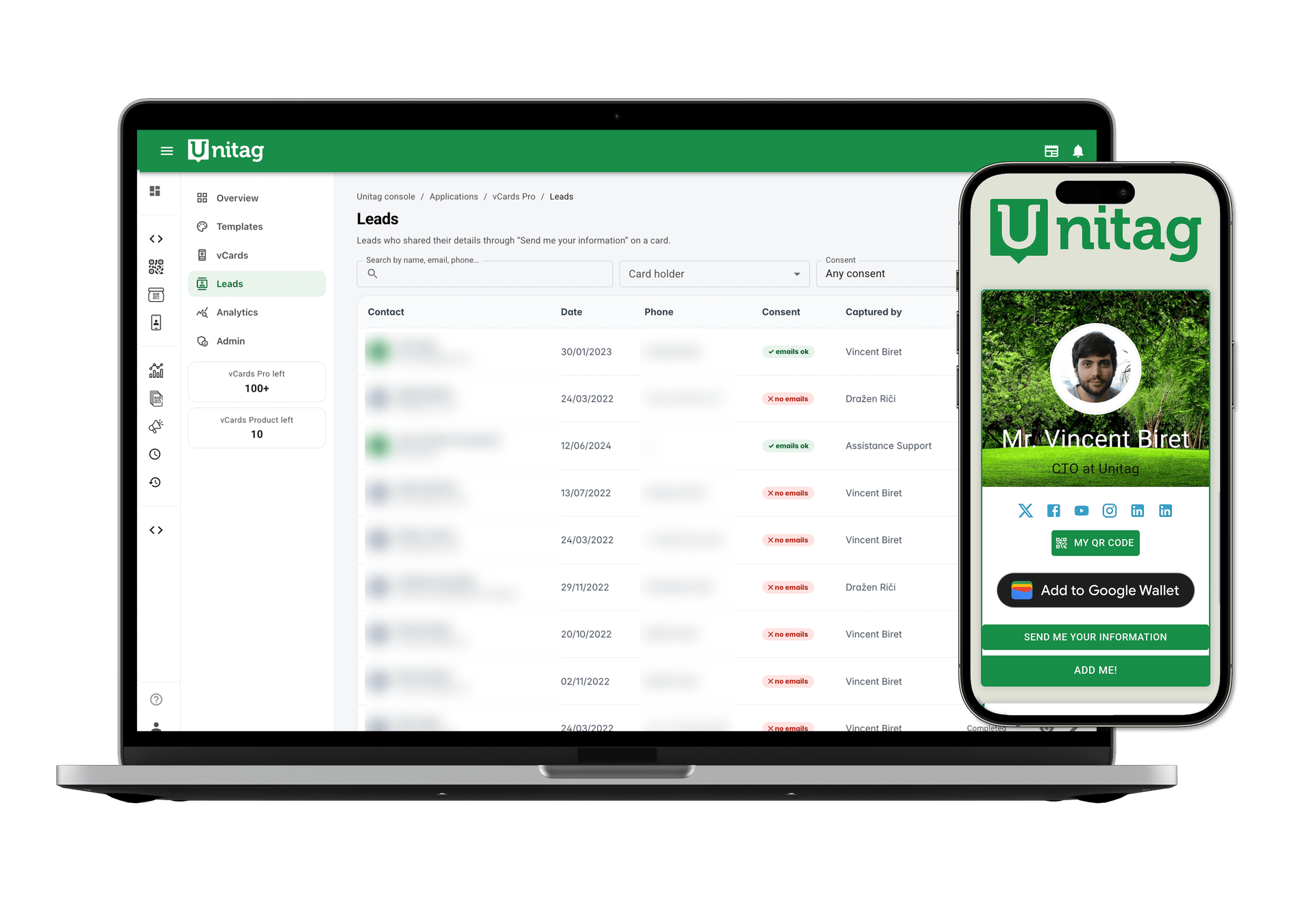 vCard Pro leads dashboard next to a digital business card on a phone