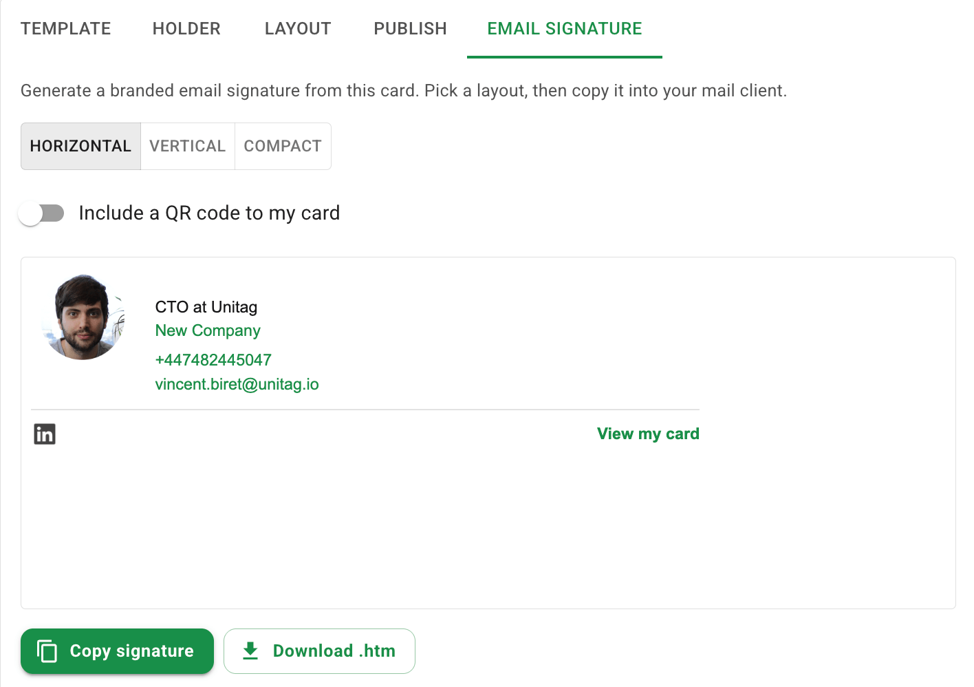 Email signature generated from a vCard Pro card