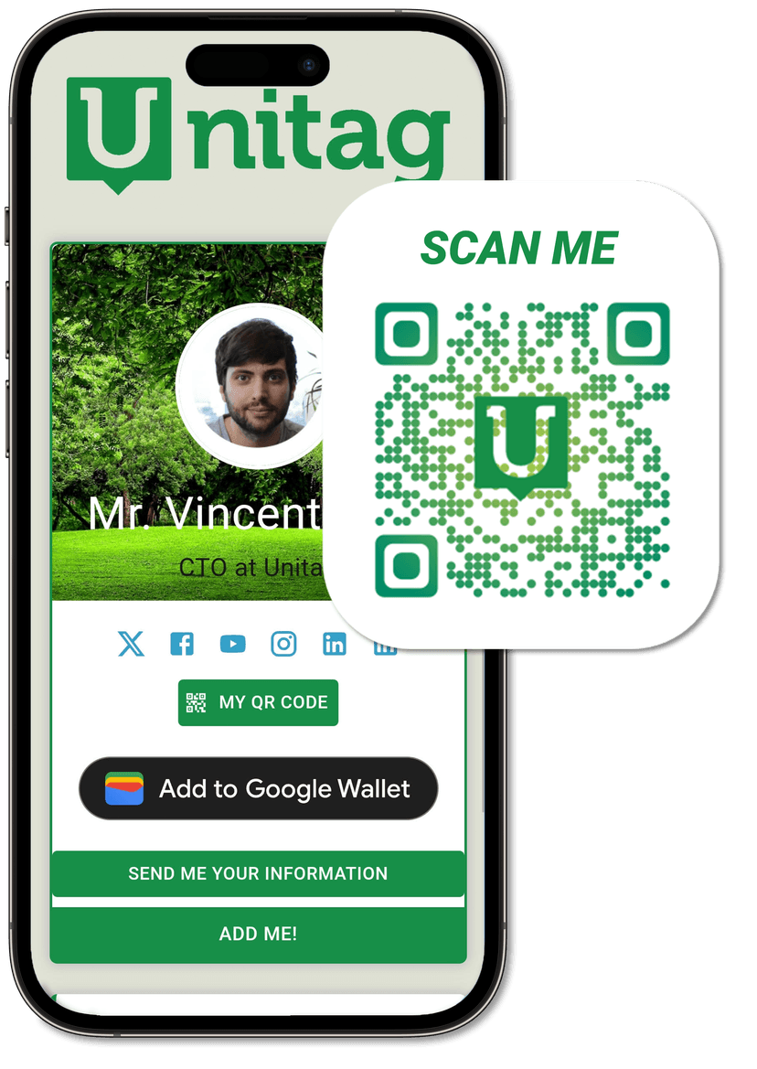 Unitag digital business card with its scannable QR code