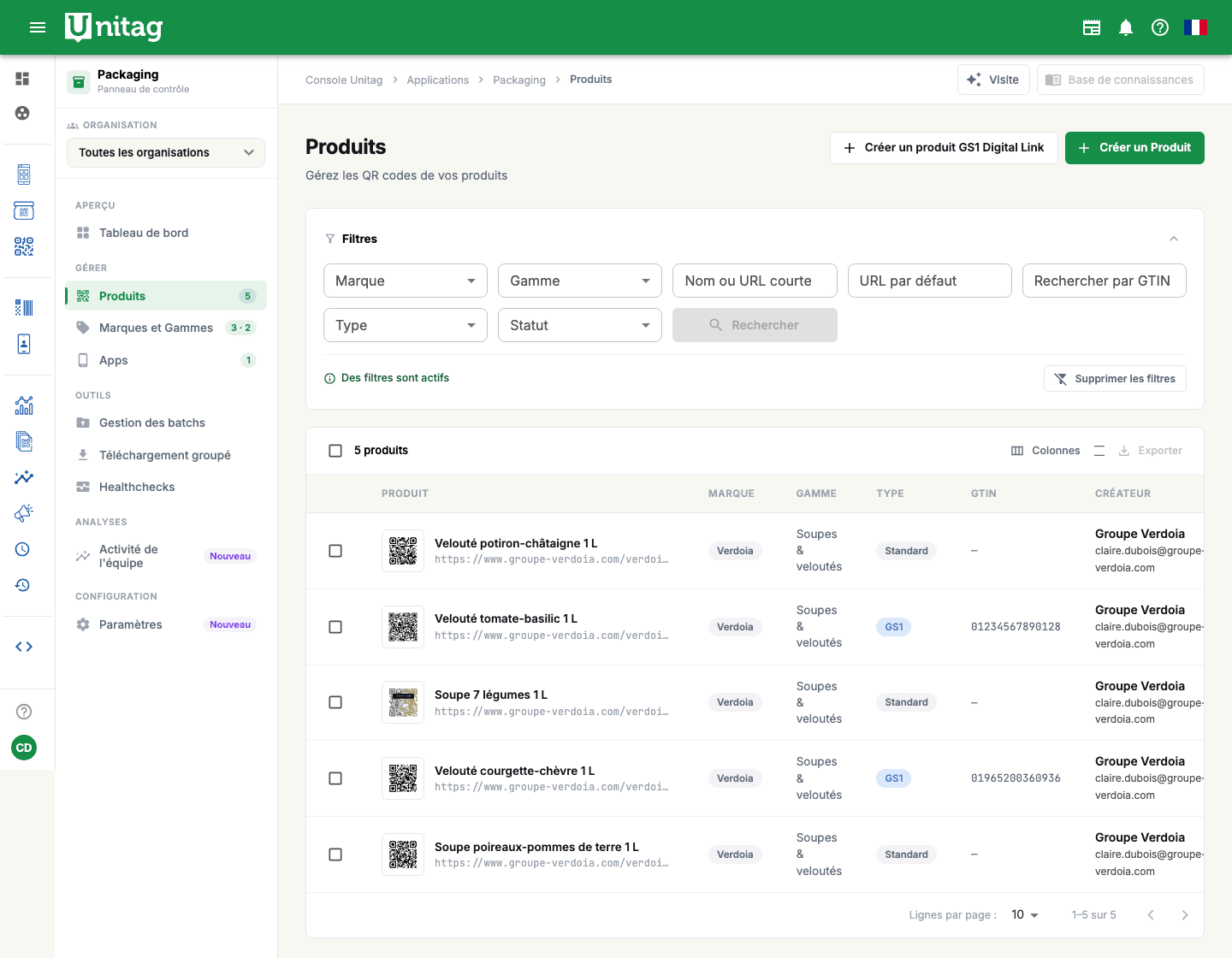 Console Unitag, tableau de bord Packaging : recherche, filtres et liste des produits Verdoia avec marque, gamme, type et GTIN