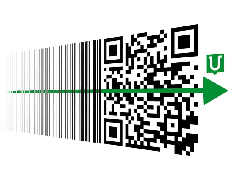 Der klassische EAN-Barcode geht in einen GS1-konformen 2D-QR-Code über, mit einem grünen Unitag-Pfeil, der die Richtung der Umstellung anzeigt