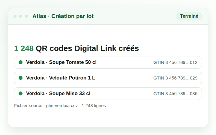 Vignette Atlas : 1 248 QR codes Digital Link créés par lot à partir d’un fichier de GTIN