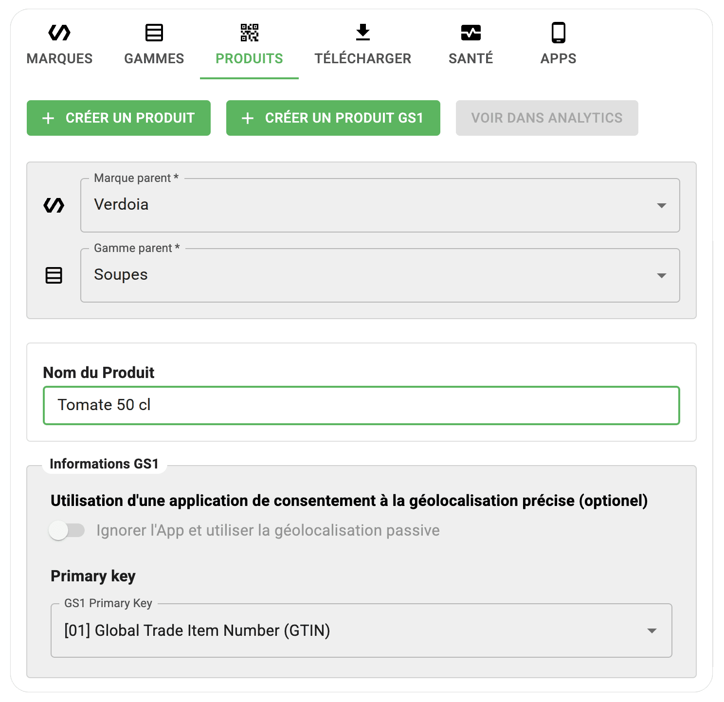 Console Unitag : tableau de bord produit GS1 avec redirections et statistiques