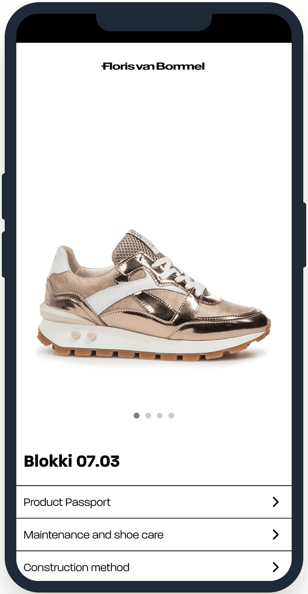 Floris van Bommel product passport opened on a smartphone from the shoe’s GS1 Digital Link QR code