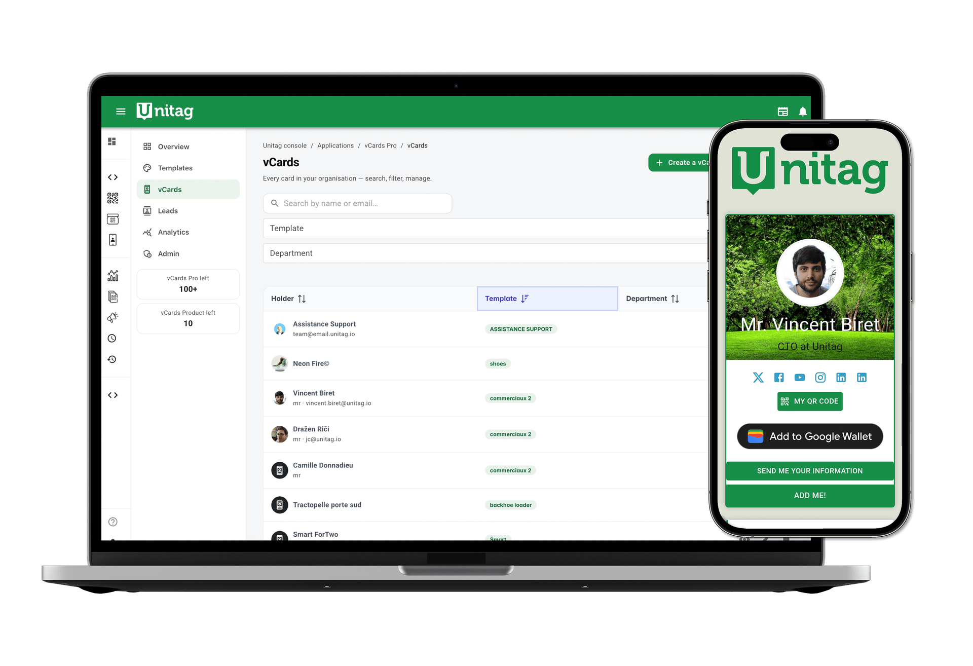 vCard Pro centralised dashboard listing every card in the organisation vCard Pro centralised dashboard listing every card in the organisation