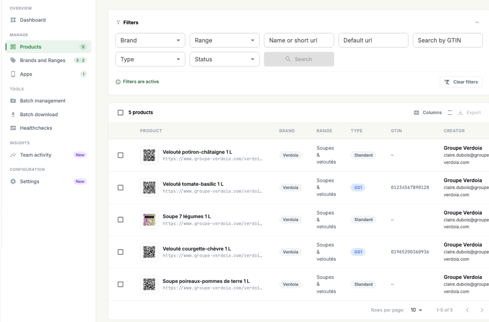 Tableau de bord Unitag : fiche produit GS1 avec marques, gammes et produits