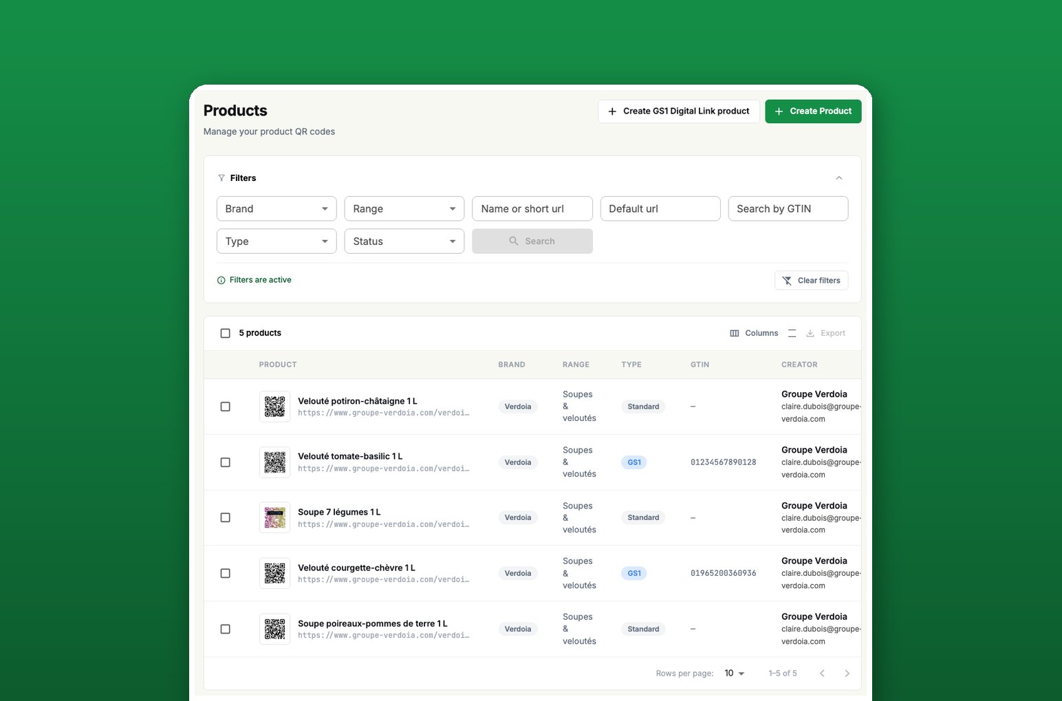Unitag console: product list showing GTINs and GS1 QR codes