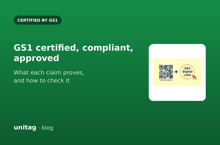 GS1 certification, compliance and approval claims compared: GS1 Digital Link badge and QR code on Unitag green