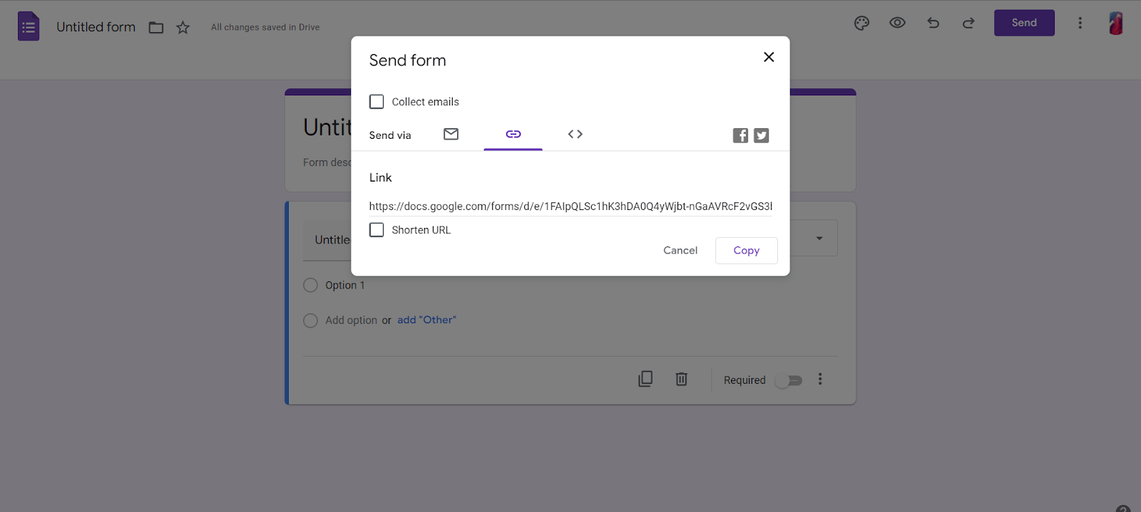 Google Forms Send form dialog with the link tab open and the form URL ready to copy