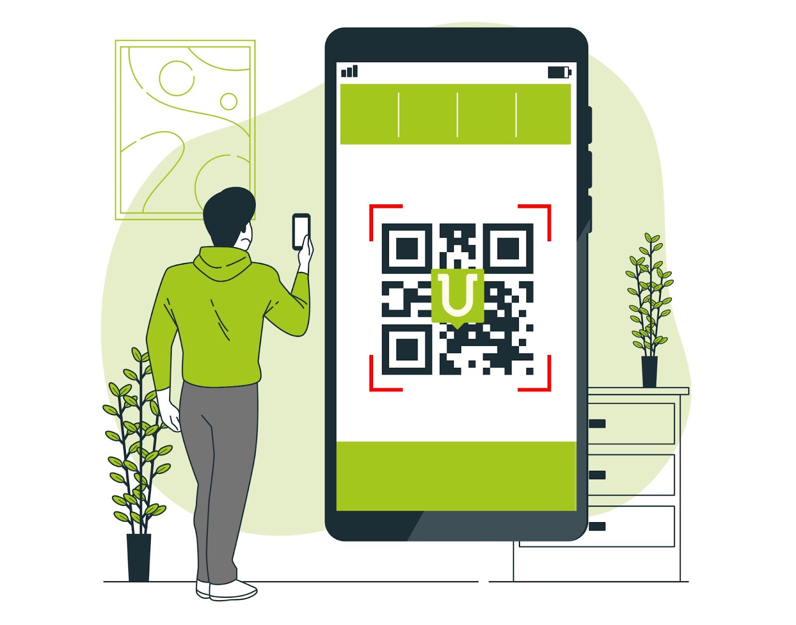 Man scanning a large QR code displayed on a smartphone screen