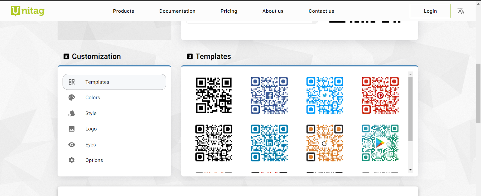 Unitag generator customisation panel with QR code templates and colour, style, logo and eye options