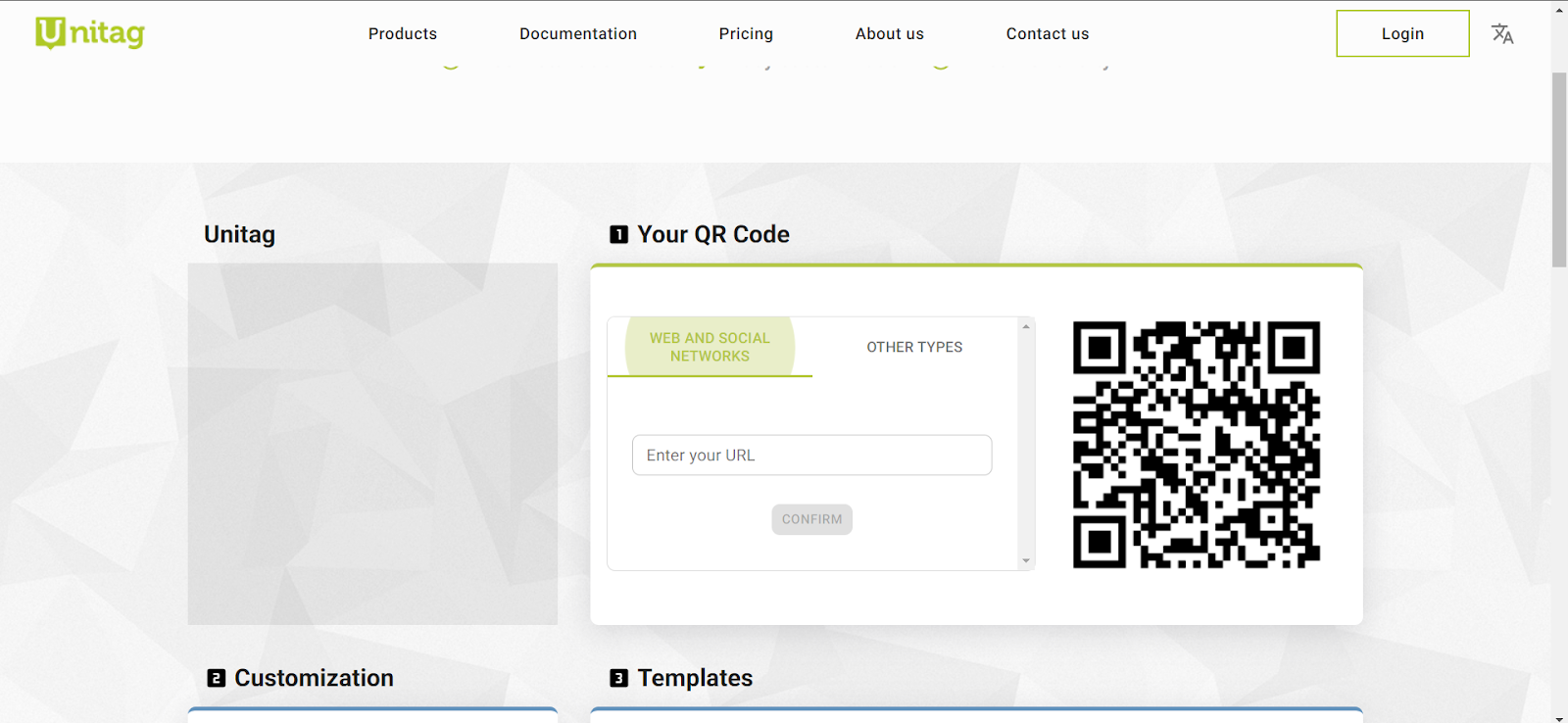 Unitag QR code generator with the Enter your URL field