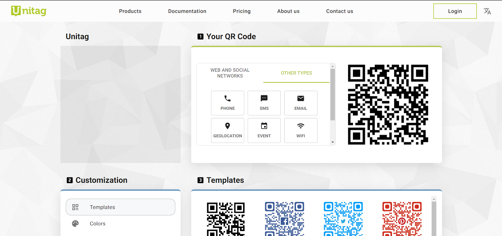 Unitag QR code generator with the Other types tab: phone, SMS, email, geolocation, event and Wi-Fi