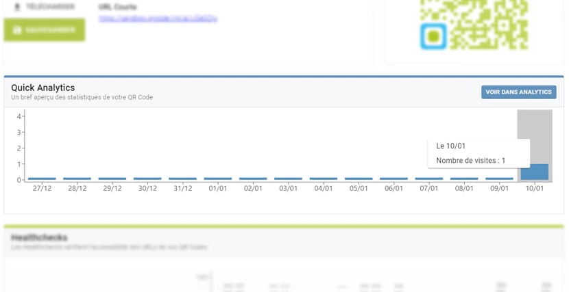 Le panneau Quick Analytics d'une fiche QR code : un graphique des visites dans le temps et un bouton ouvrant la vue Analytics complète Le panneau Quick Analytics d'une fiche QR code : un graphique des visites dans le temps et un bouton ouvrant la vue Analytics complète