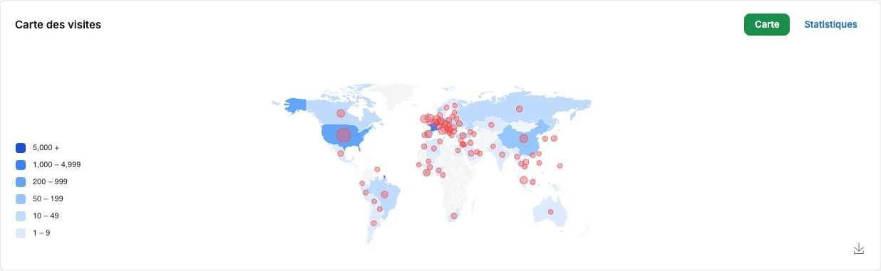 La Carte des visites : une carte du monde teintée selon le volume de scans, des cercles sur les villes d'origine, et un sélecteur Carte / Statistiques au-dessus La Carte des visites : une carte du monde teintée selon le volume de scans, des cercles sur les villes d'origine, et un sélecteur Carte / Statistiques au-dessus