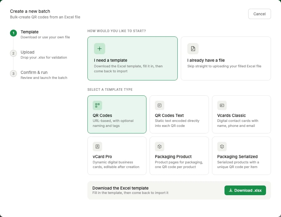 The Create a new batch wizard on its Template step: the three steps down the left, the choice between needing a template and already having a file, the six template types, and the Download .xlsx button