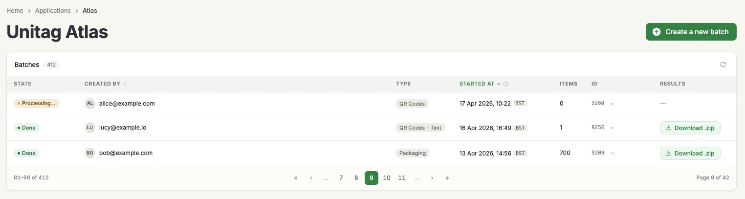 The Atlas batch list: one row per batch with its state, who created it, its type, when it started, how many items it produced, its ID, and a Download .zip button