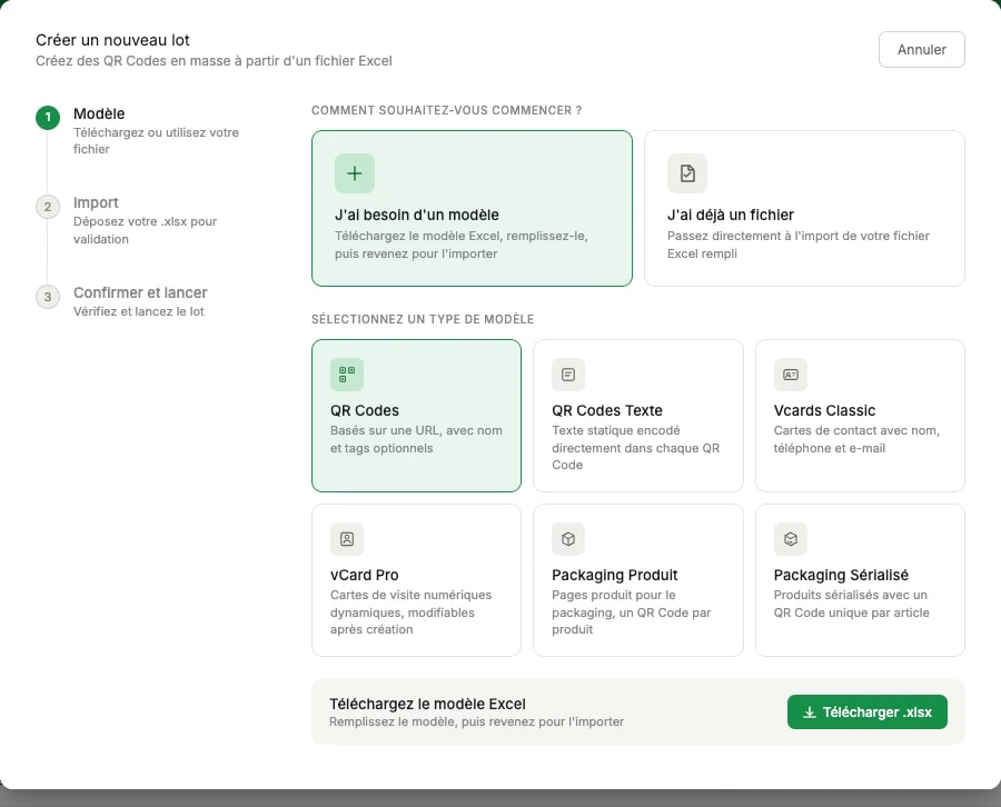 L'assistant Créer un nouveau lot à l'étape Modèle : les trois étapes à gauche, le choix entre avoir besoin d'un modèle et disposer déjà d'un fichier, les six types de modèles, et le bouton Télécharger .xlsx