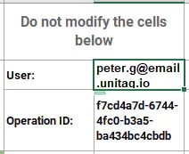 Le bloc d'identification en haut du modèle Excel Atlas, contenant l'email de l'utilisateur et l'identifiant d'opération, signalé comme non modifiable Le bloc d'identification en haut du modèle Excel Atlas, contenant l'email de l'utilisateur et l'identifiant d'opération, signalé comme non modifiable