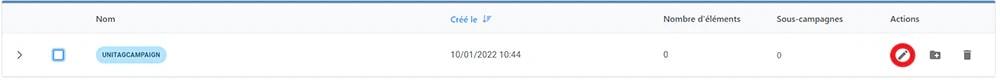 Une ligne de campagne dans la liste, le bouton de renommage entouré Une ligne de campagne dans la liste, le bouton de renommage entouré