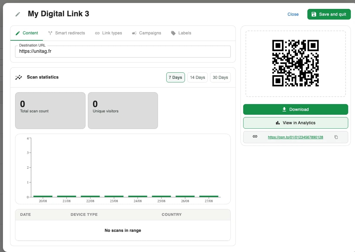 The Digital Link panel: the Content tab showing the destination URL and scan statistics, with the QR code, its download button and its short URL on the right The Digital Link panel: the Content tab showing the destination URL and scan statistics, with the QR code, its download button and its short URL on the right