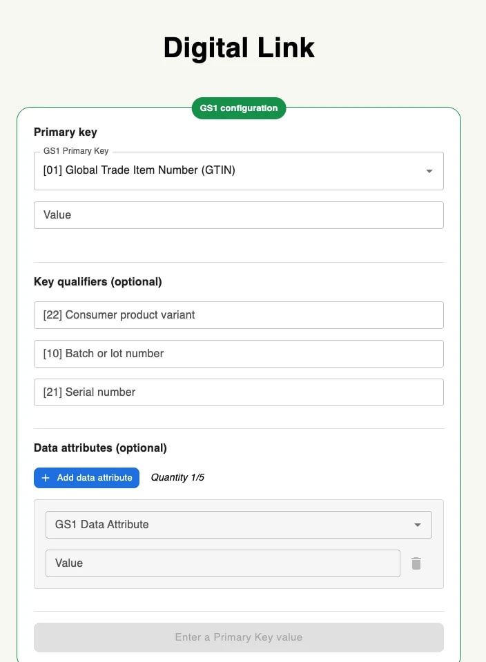 The GS1 configuration card of the generator: the primary key selector set to GTIN, the three optional key qualifiers, and the data attribute section The GS1 configuration card of the generator: the primary key selector set to GTIN, the three optional key qualifiers, and the data attribute section