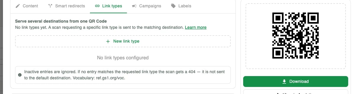 The Link types tab: an empty link type list with the New link type button and the notice explaining that an unmatched link type returns a 404 The Link types tab: an empty link type list with the New link type button and the notice explaining that an unmatched link type returns a 404