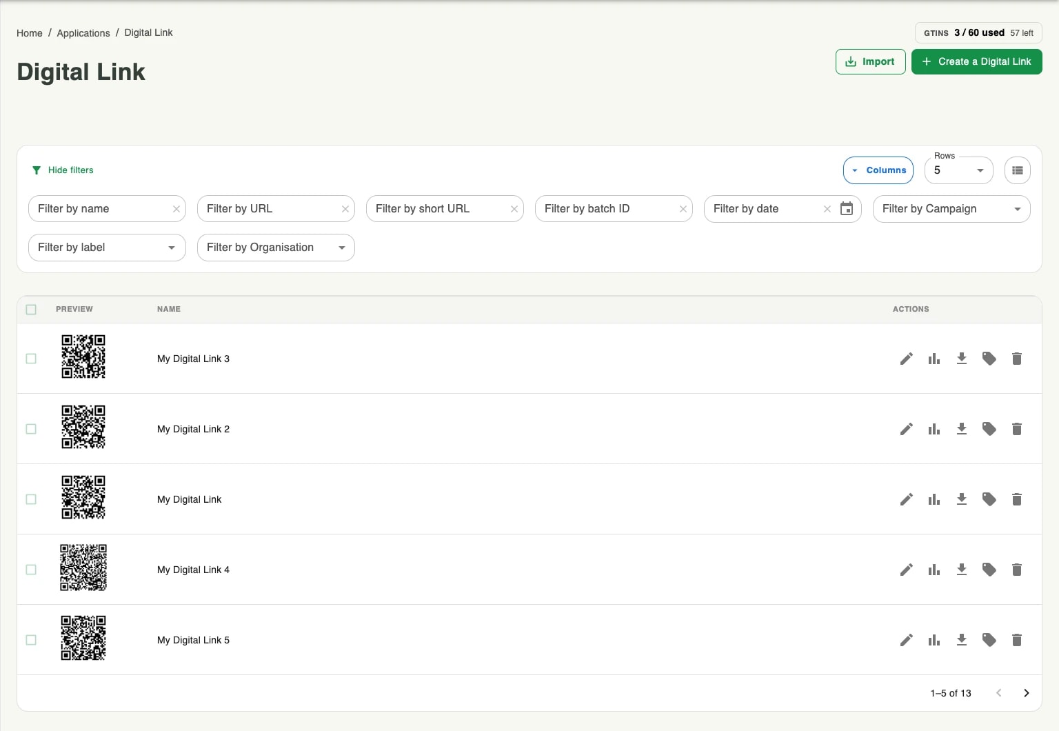 The Digital Link list: the GTIN counter at the top right, filter fields for name, URL, short URL, batch ID, date, campaign, label and organisation, and a table of codes with their previews and actions The Digital Link list: the GTIN counter at the top right, filter fields for name, URL, short URL, batch ID, date, campaign, label and organisation, and a table of codes with their previews and actions
