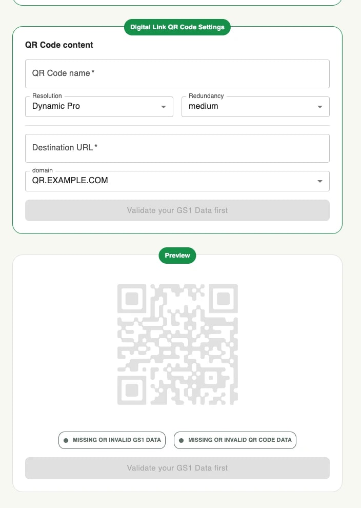 The Digital Link QR Code Settings card: the QR code name, resolution, redundancy, destination URL and domain fields, above the preview panel The Digital Link QR Code Settings card: the QR code name, resolution, redundancy, destination URL and domain fields, above the preview panel