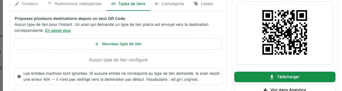L'onglet Types de liens : une liste vide avec le bouton Nouveau type de lien et l'avertissement expliquant qu'un type de lien sans correspondance renvoie une erreur 404 L'onglet Types de liens : une liste vide avec le bouton Nouveau type de lien et l'avertissement expliquant qu'un type de lien sans correspondance renvoie une erreur 404