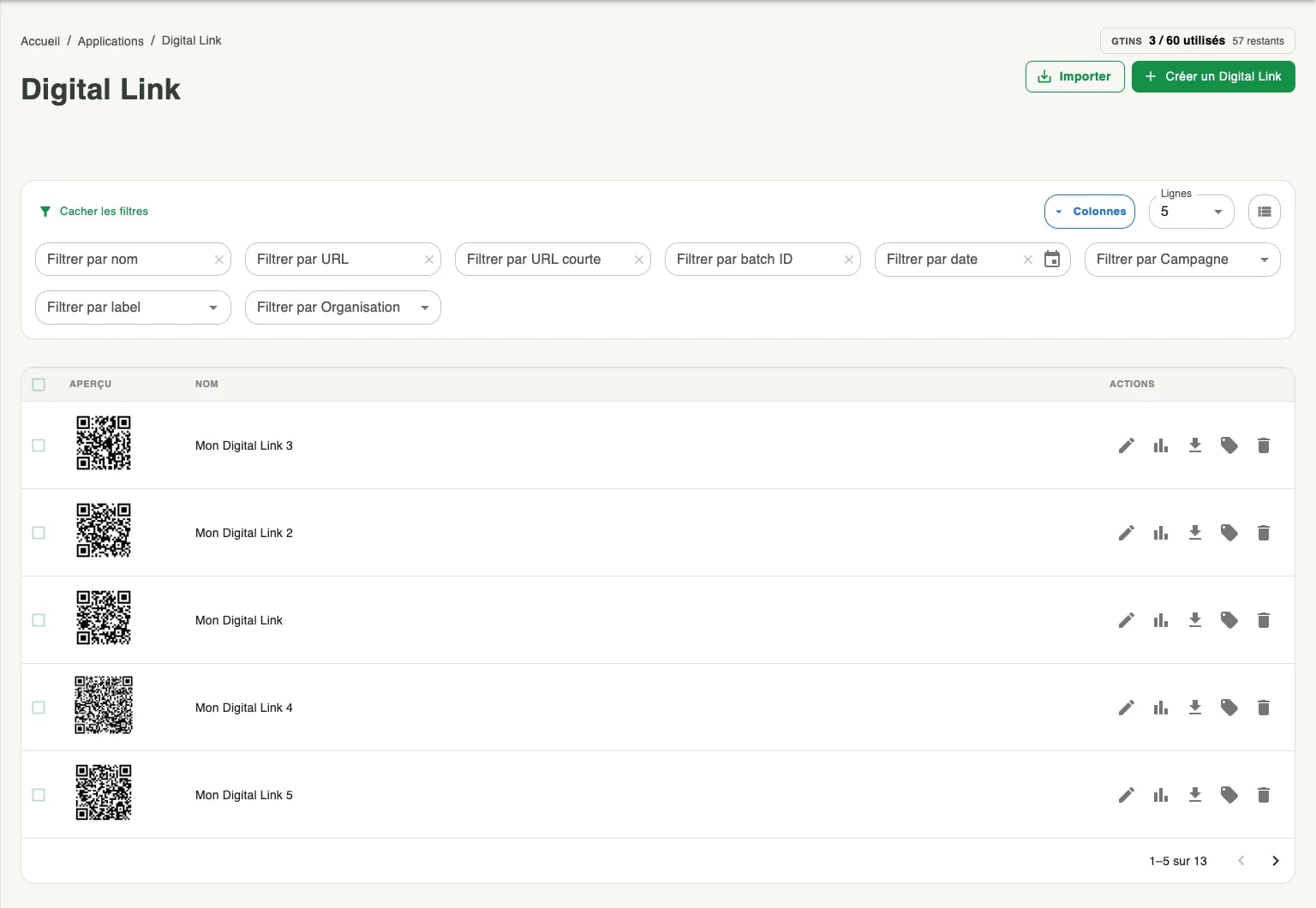 La liste Digital Link : le compteur de GTIN en haut à droite, les champs de filtre par nom, URL, URL courte, identifiant de lot, date, campagne, libellé et organisation, et un tableau des codes avec leur aperçu et leurs actions La liste Digital Link : le compteur de GTIN en haut à droite, les champs de filtre par nom, URL, URL courte, identifiant de lot, date, campagne, libellé et organisation, et un tableau des codes avec leur aperçu et leurs actions