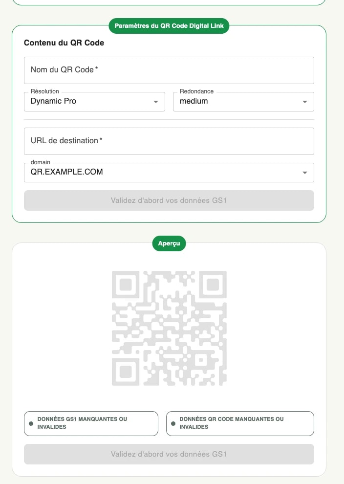 La carte Paramètres du QR Code Digital Link : les champs nom du QR code, résolution, redondance, URL de destination et domaine, au-dessus du panneau d'aperçu La carte Paramètres du QR Code Digital Link : les champs nom du QR code, résolution, redondance, URL de destination et domaine, au-dessus du panneau d'aperçu