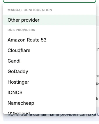 The Your DNS provider selector open, listing Amazon Route 53, Cloudflare, Gandi, GoDaddy, Hostinger, IONOS and Namecheap The Your DNS provider selector open, listing Amazon Route 53, Cloudflare, Gandi, GoDaddy, Hostinger, IONOS and Namecheap
