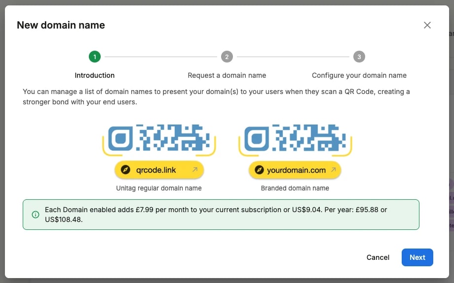 Step one of the New domain name wizard: a Unitag regular domain compared with a branded domain, and the monthly and yearly price of the add-on Step one of the New domain name wizard: a Unitag regular domain compared with a branded domain, and the monthly and yearly price of the add-on
