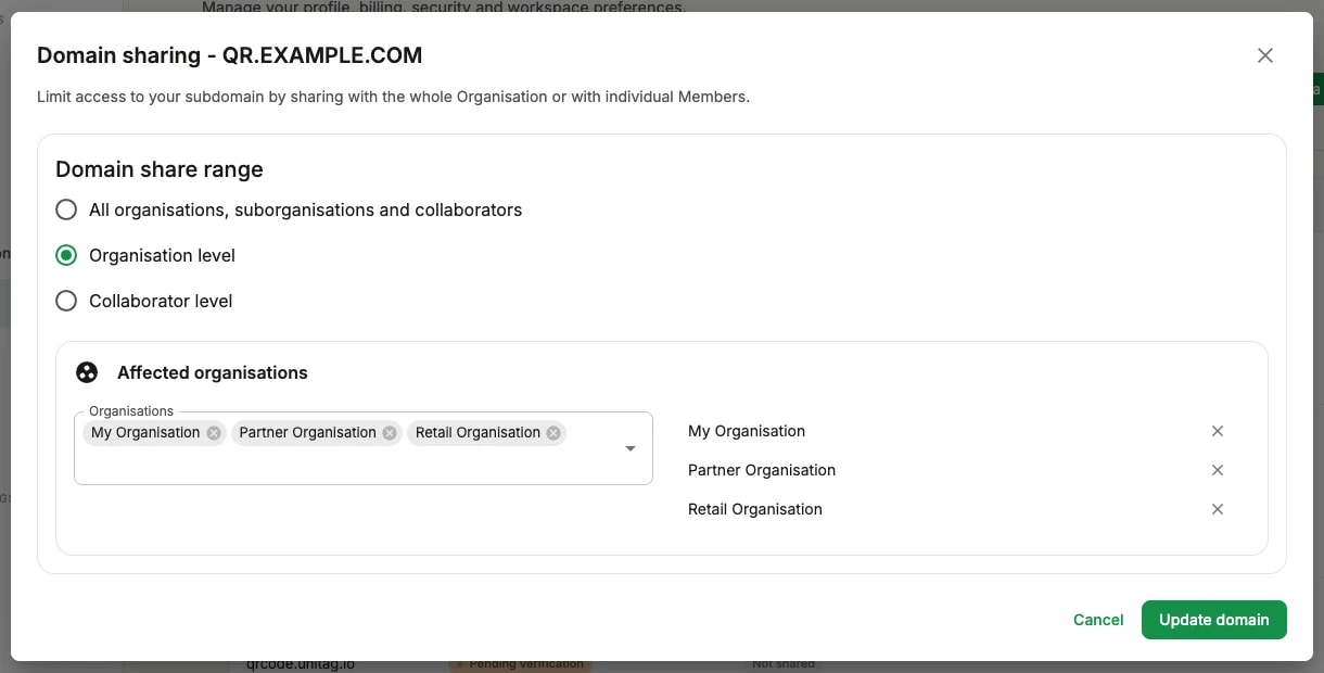 The Domain sharing dialog: the three sharing scopes, with Organisation level selected and three organisations chosen The Domain sharing dialog: the three sharing scopes, with Organisation level selected and three organisations chosen