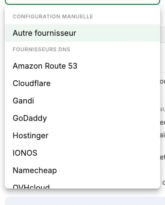 Le sélecteur Votre fournisseur DNS ouvert, listant Amazon Route 53, Cloudflare, Gandi, GoDaddy, Hostinger, IONOS et Namecheap Le sélecteur Votre fournisseur DNS ouvert, listant Amazon Route 53, Cloudflare, Gandi, GoDaddy, Hostinger, IONOS et Namecheap