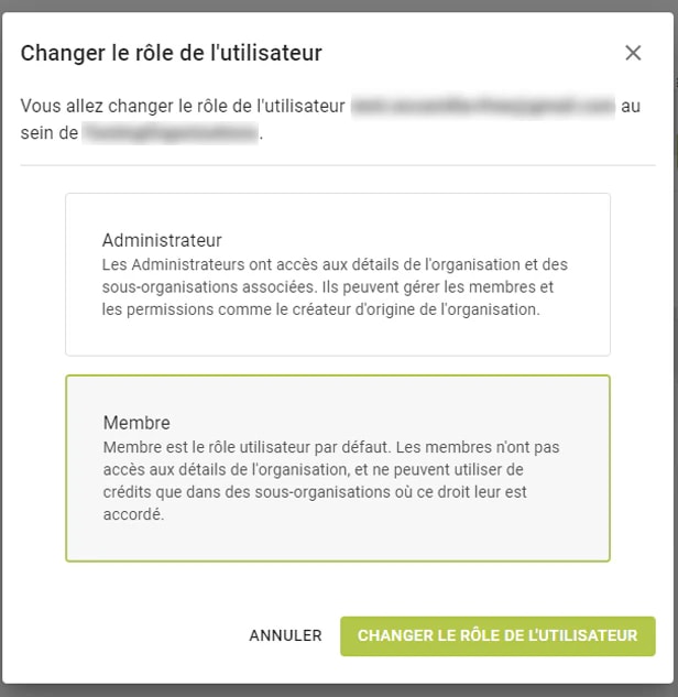 La fenêtre de changement de rôle, décrivant ce que permettent les rôles Administrateur et Membre La fenêtre de changement de rôle, décrivant ce que permettent les rôles Administrateur et Membre