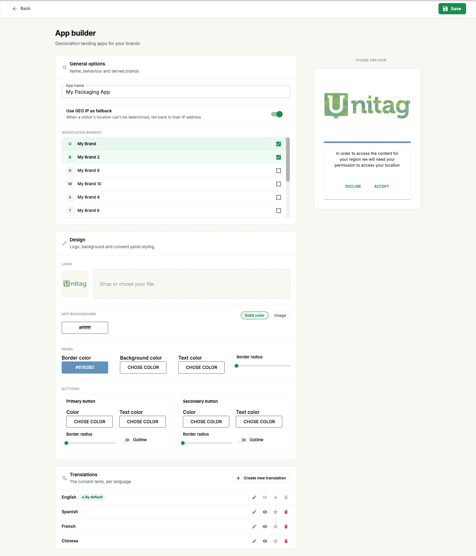 The app builder: general options and associated brands, the design controls for logo, background, panel and buttons, the translations list, and the phone preview of the consent panel The app builder: general options and associated brands, the design controls for logo, background, panel and buttons, the translations list, and the phone preview of the consent panel