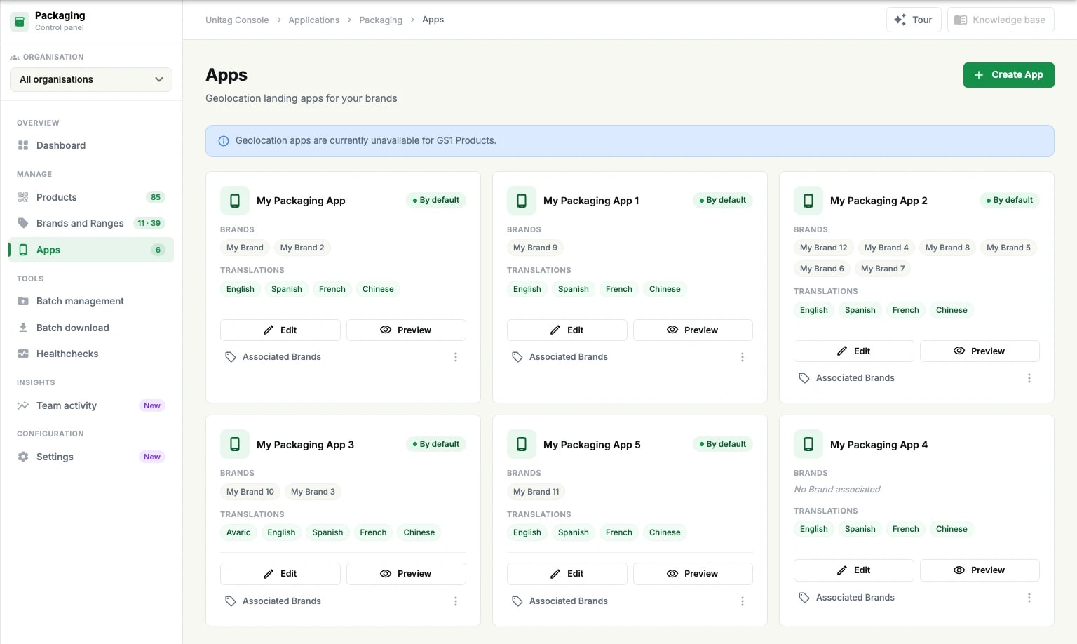 The Apps page: one card per geolocation app, showing the brands it serves and the languages it is translated into The Apps page: one card per geolocation app, showing the brands it serves and the languages it is translated into