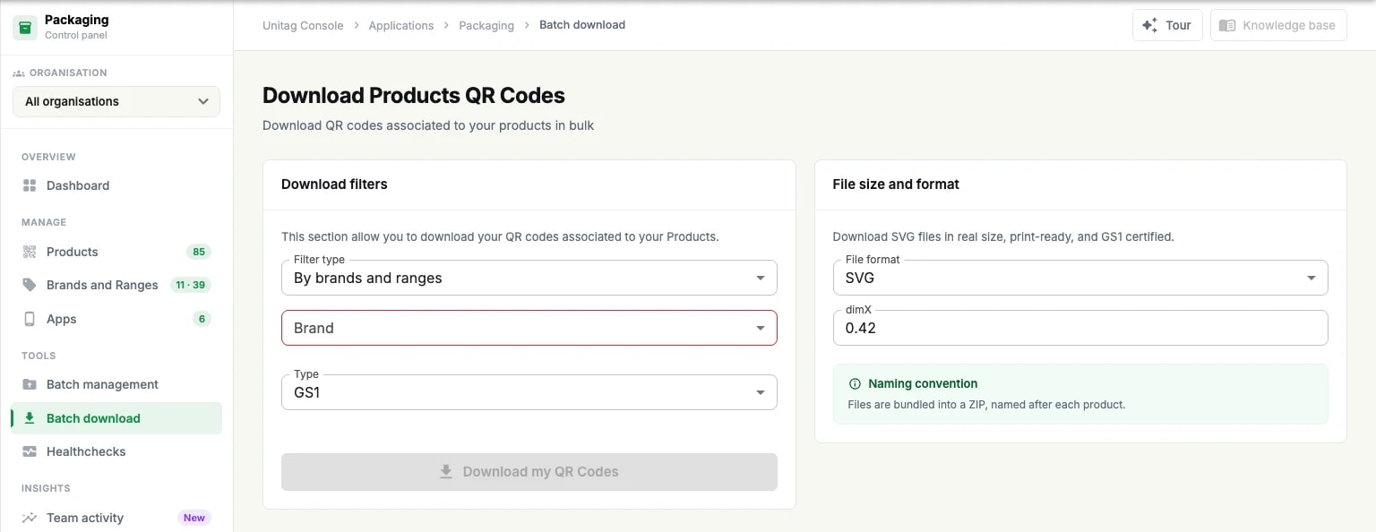 The Batch download screen: the download filters, the file size and format options, and the naming convention The Batch download screen: the download filters, the file size and format options, and the naming convention