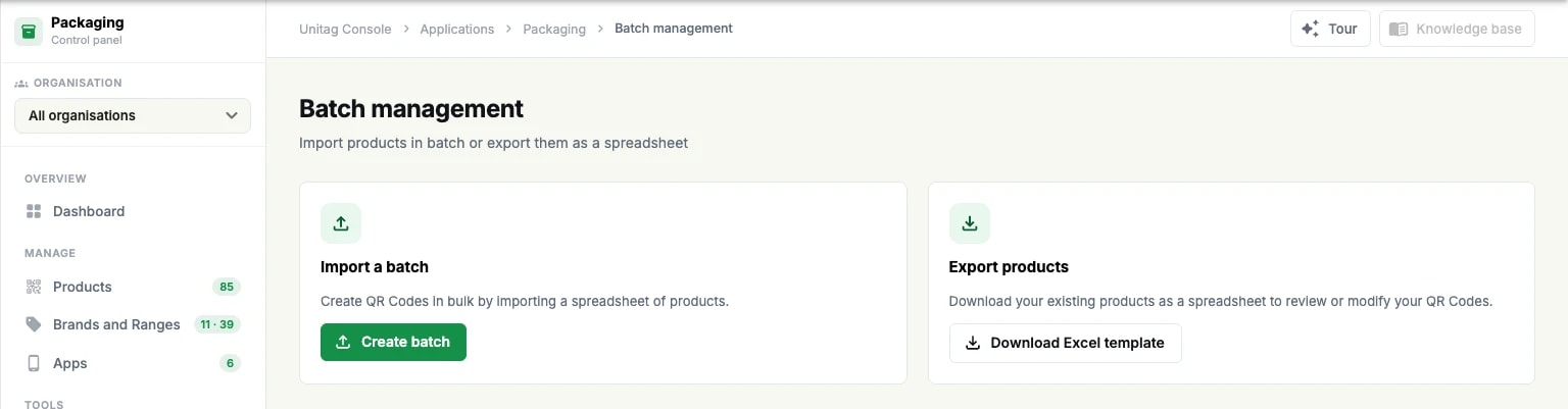 The Batch management screen: importing a spreadsheet of products on one side, exporting existing products on the other The Batch management screen: importing a spreadsheet of products on one side, exporting existing products on the other