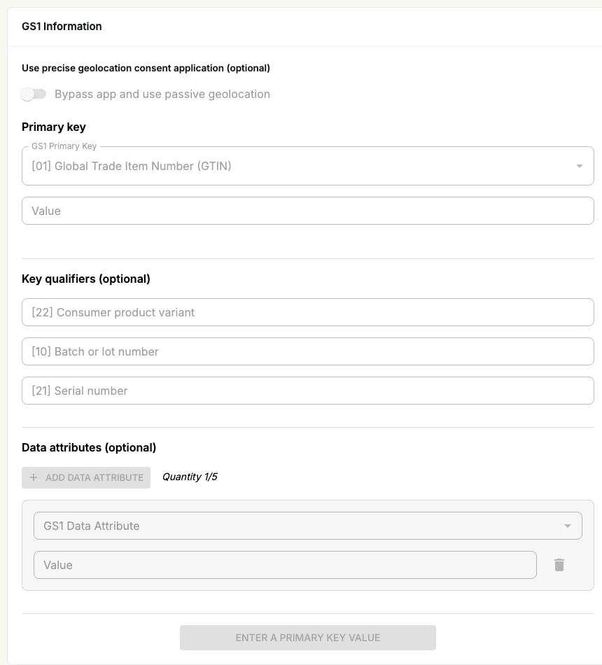 The GS1 Information section of a product: the primary key selector, the three optional key qualifiers, and the data attributes The GS1 Information section of a product: the primary key selector, the three optional key qualifiers, and the data attributes