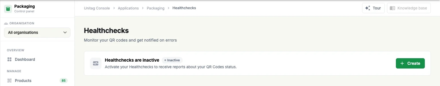 The Healthchecks screen showing healthchecks as inactive, with the button to create one The Healthchecks screen showing healthchecks as inactive, with the button to create one