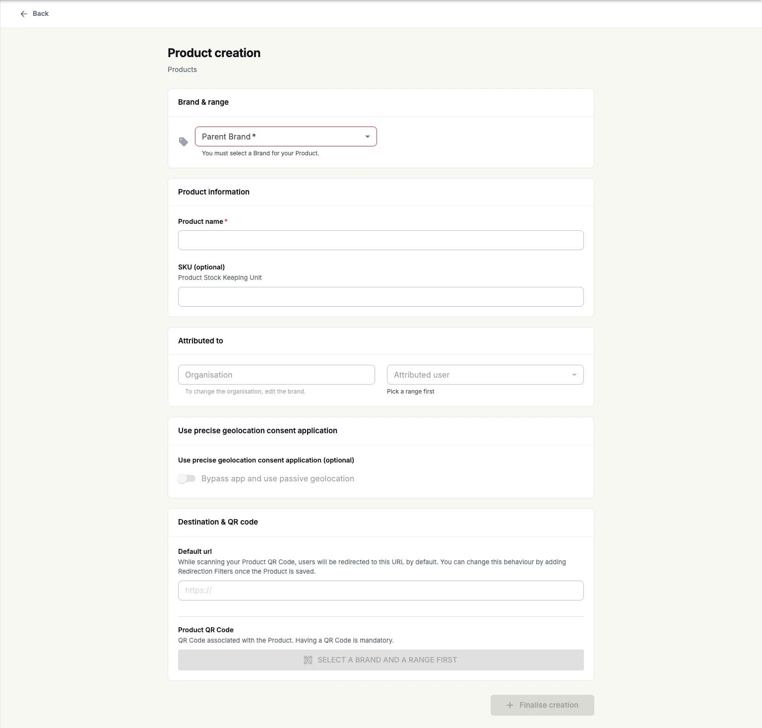 The product editor: the brand and range selectors, the product information fields, the geolocation options and the destination URL and QR code section The product editor: the brand and range selectors, the product information fields, the geolocation options and the destination URL and QR code section