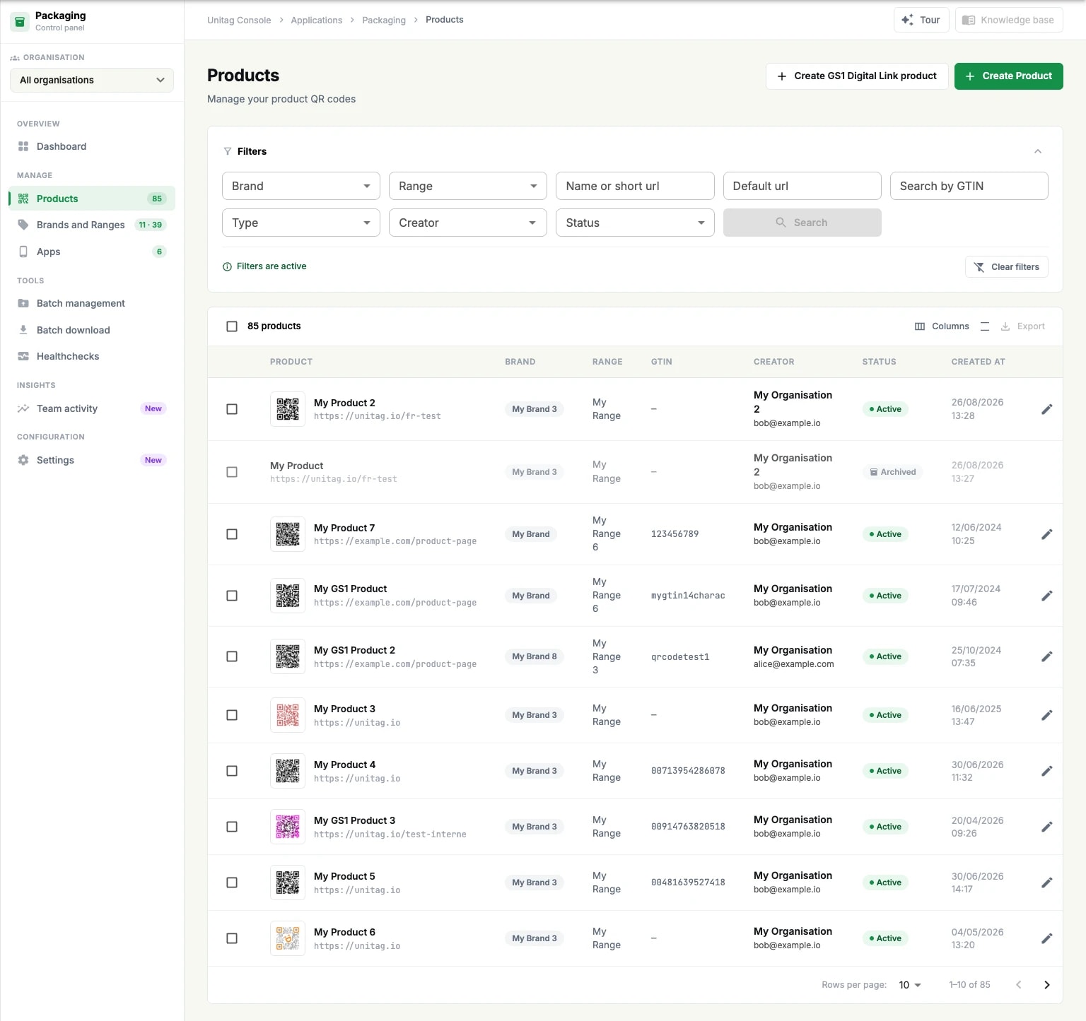 The Products table: the filter panel above a list of products showing each one's brand, range, GTIN, creator, status and creation date The Products table: the filter panel above a list of products showing each one's brand, range, GTIN, creator, status and creation date
