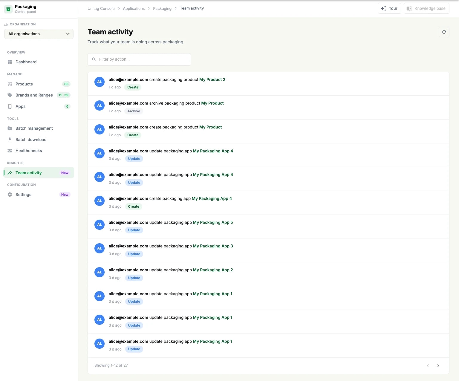 The Team activity screen: dated entries naming the account that acted, the object touched and the kind of action The Team activity screen: dated entries naming the account that acted, the object touched and the kind of action