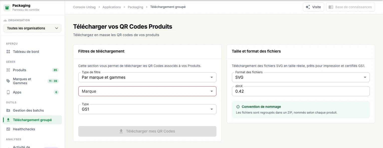 L'écran de téléchargement groupé : les filtres de téléchargement, les options de taille et de format de fichier, et la convention de nommage L'écran de téléchargement groupé : les filtres de téléchargement, les options de taille et de format de fichier, et la convention de nommage