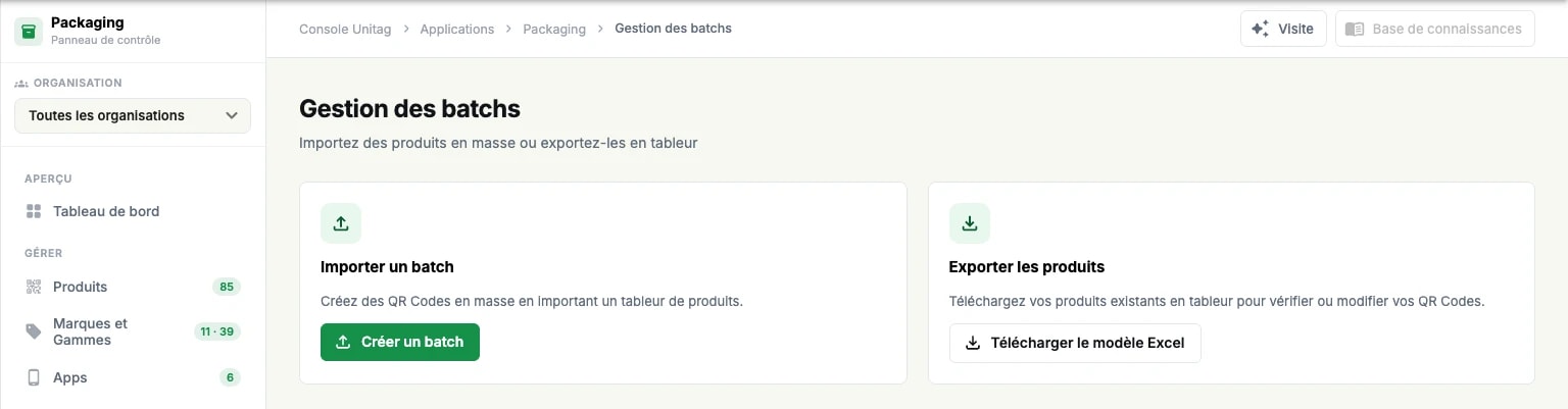 L'écran de gestion des batchs : l'import d'un tableur de produits d'un côté, l'export des produits existants de l'autre L'écran de gestion des batchs : l'import d'un tableur de produits d'un côté, l'export des produits existants de l'autre