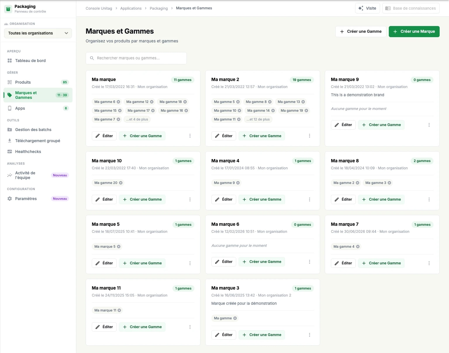 La page Marques et Gammes : une carte par marque, listant ses gammes, sa date de création et l'organisation qui la détient La page Marques et Gammes : une carte par marque, listant ses gammes, sa date de création et l'organisation qui la détient