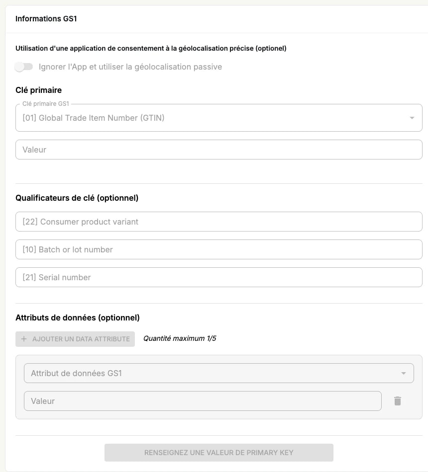 La section Informations GS1 d'un produit : le sélecteur de clé primaire, les trois qualificateurs de clé facultatifs et les attributs de données La section Informations GS1 d'un produit : le sélecteur de clé primaire, les trois qualificateurs de clé facultatifs et les attributs de données